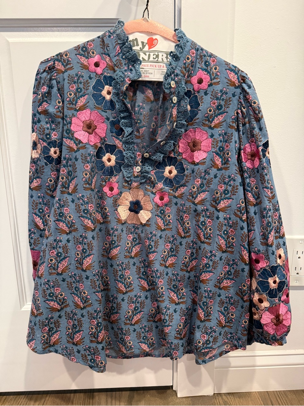 Antik Batik Blue Floral Embroidered Ruffle-Neck Blouse